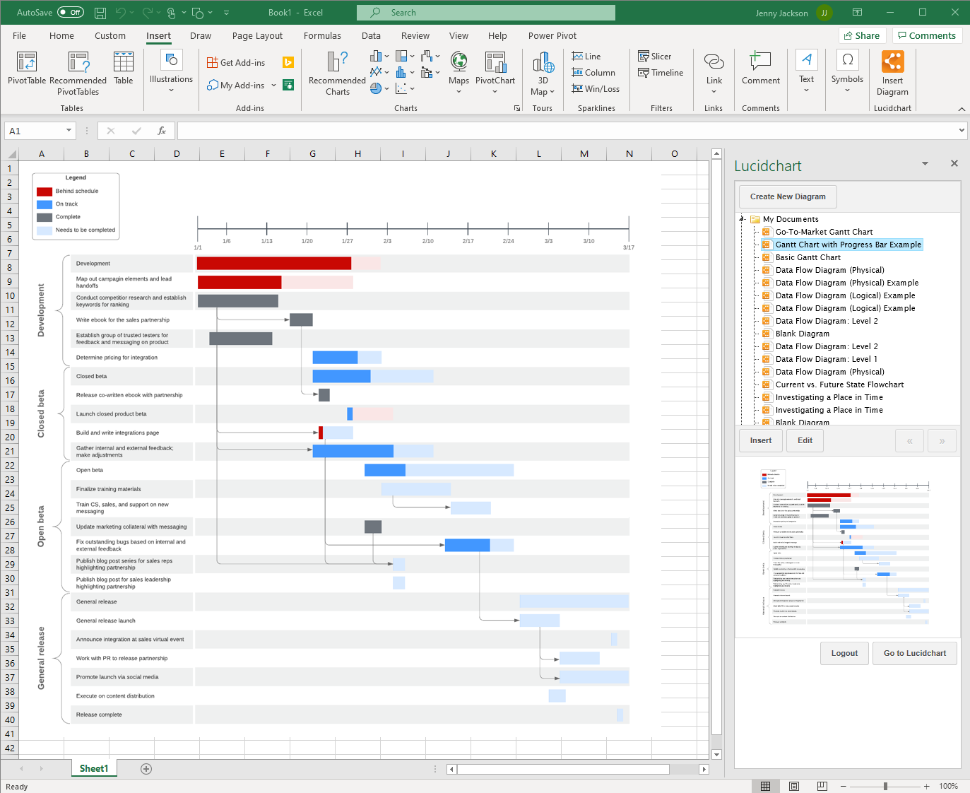 Lucidchart で Excel にガントチャートを挿入