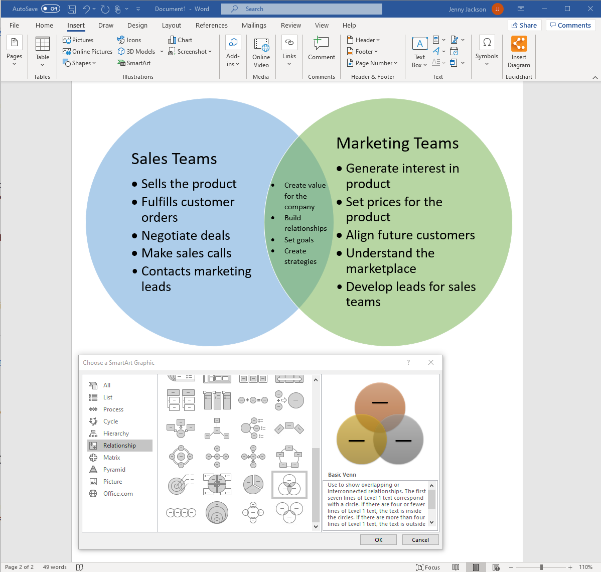 Make a Venn diagram in MS Word using SmartArt